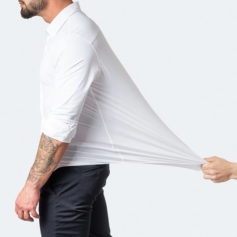 Camisa de vestir elástica para hombre de manga larga sin plancha corte regular